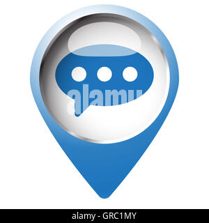 Broche carte symbole avec l'icône de commentaire. Symbole bleu sur fond blanc. Banque D'Images