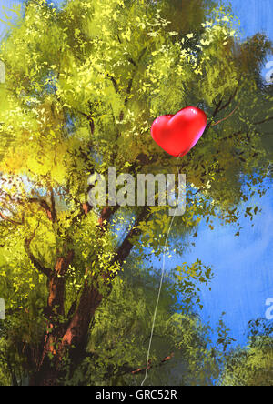 Love Heart balloon coincé dans une des branches d'arbre,illustration peinture Banque D'Images