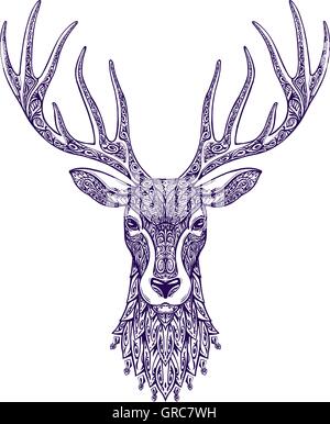 Tête de cerf isolé sur fond blanc. Hand drawn vector illustration avec éléments floraux Illustration de Vecteur