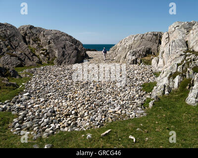 Seule femme Walker sur la plage de galets, Ardskenish, à l'île de Colonsay, Ecosse, Royaume-Uni. Banque D'Images