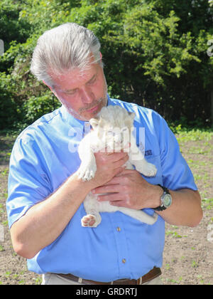 Directeur du Zoo Dr. Kai Perret présente des lionceaux blancs au Zoo Magdebourg Banque D'Images