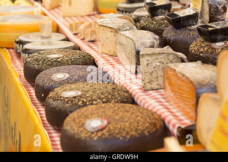 Divers Roues de fromage décoré sur un étal du marché Banque D'Images