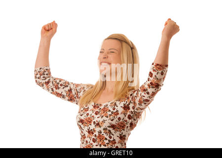 Belle blonde woman gesturing avec succès les mains levé isolated over white background Banque D'Images