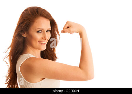 Femme montrant son bras comme un geste pour strrength isolated over white Banque D'Images