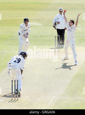 James Anderson de Lancashire appel pour le guichet de Maurice Chambers - Essex LA CCC vs Lancashire CCC - LV County Championship Division One au sol de cricket du comté de Ford, Chelmsford - 23/04/10 Banque D'Images