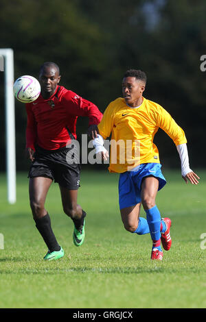 Clapton Rangers (jaune) vs Tottenham Phoenix, Hackney & Leyton dimanche Football ligue à Hackney Marshes, London, Angleterre le 27/09/2015 Banque D'Images