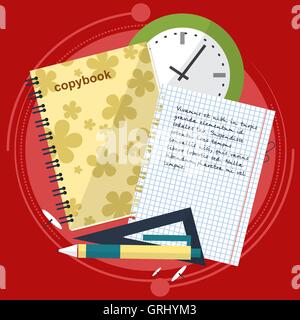 Livres et processus. Dans zoshite dessin écriture. Prednadlezhnosti Bureau sujets de l'étude. Retour à . Vector Illustration de Vecteur