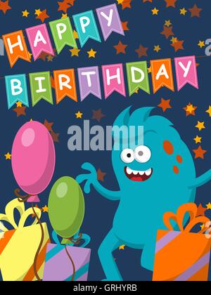 Funny monster avec des dons et des ballons. Joyeux anniversaire. Vector Illustration de Vecteur