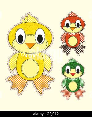 Jeu de Cute cartoon chick en version plate pour carte de voeux, invitation et le logo avec un tissu de texture. Vector Illustration de Vecteur