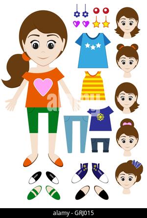 Grand ensemble de vêtements pour le constructeur de fille. Coiffure, robe, chaussures, pantalon, T-shirt. Vector Illustration de Vecteur