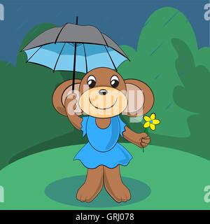 Cute singe debout sur pré vert avec une fleur et un parapluie sous la pluie. Vector Illustration de Vecteur