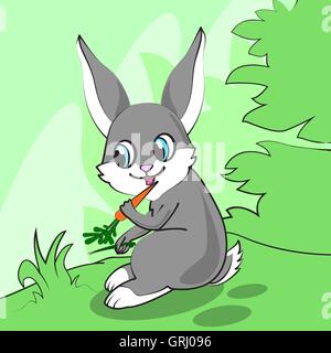 Cute cartoon Bunny mange une carotte au pré. Vector Illustration de Vecteur