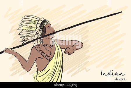 Guerrier indien Apache lancer une lance. Identité d'esquisse. Vector Illustration de Vecteur