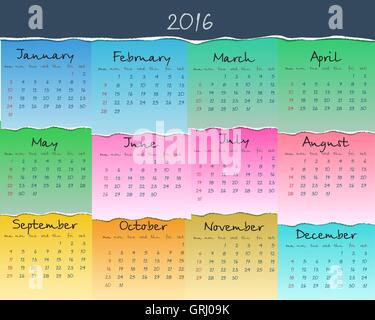 Calendrier simple et coloré pour 2016. Semaine commence le dimanche. Vector Illustration de Vecteur