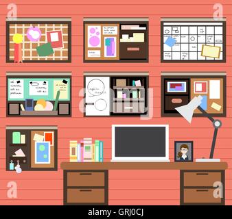 Lieu de travail de l'homme avec l'ordinateur, lampe, livres et de nombreux détails. Vector Illustration de Vecteur