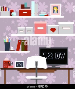 Lieu de travail de fille avec le bureau, chaise, livres, montres et autres articles. Vector Illustration de Vecteur