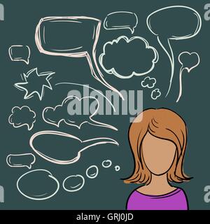Fille beau dessin animé avec différentes pensées sur un fond sombre. Vector Illustration de Vecteur