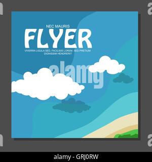 Flyer en télévision style avec une carte de l'île de voyager et vacances sur location de nuages dans le ciel. Vue depuis le vol des oiseaux. Vec Illustration de Vecteur