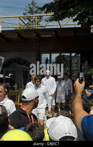 Pesaro, Italie - 16 juillet 2016 : Juan Martin Del Potro et Guido Pella avant le match de tennis double Banque D'Images