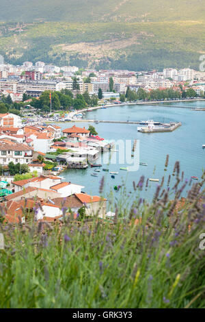 La ville d'Ohrid en Macédoine Vue urbaine avec des fleurs de lavande à l'avant Banque D'Images