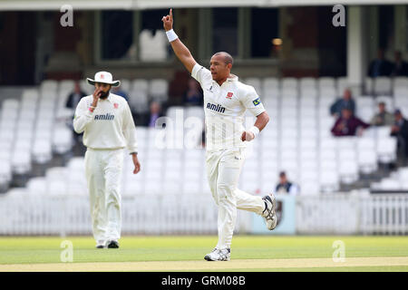 Tymal Mills d'Essex célèbre le guichet de Chris Tremlett - Surrey CCC vs Essex CCC - LV County Championship Division Two de cricket au Kennington Oval, Kia, Londres - 23/04/14 Banque D'Images