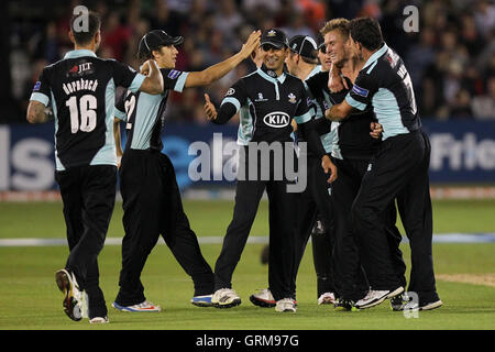 Jason Roy de Surrey célèbre le guichet de Tim Phillips - Essex Eagles vs Surrey Lions - La vie d'amis T20 Cricket au Essex County Ground,Chelmsford - 31/07/13 Banque D'Images