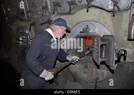 Stoker à pelleter du charbon dans la chaudière à vapeur 'Stettin, brise-glace' sur sa façon de Hambourg à Kiel, Schleswig-Holstein, Allemagne Banque D'Images