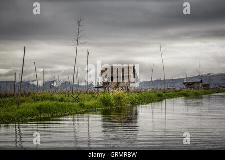 Les maisons en bois sur pilotis habité par la tribu de Inthar, lac Inle, Myanmar Banque D'Images