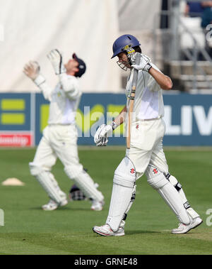 James Foster d'Essex (L) célèbre le guichet de Stuart droit (R), après avoir pris une capture du bowling de Chris Wright - Essex LA CCC vs Derbyshire CCC - LV County Championship au sol de cricket du comté de Ford, Chelmsford, Essex - 15/04/09 Banque D'Images