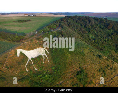 L'image aérienne d'un cheval de craie blanche coupé en le côté en haut et plus, Jalhay, Sussex, dans le parc national des South Downs Banque D'Images