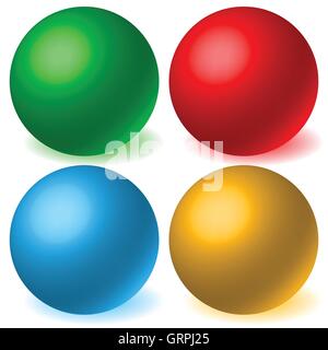 Jeu de 4 sphères avec ombre rougeoyante. 3d spatial, des balles, des orbes. Illustration de Vecteur