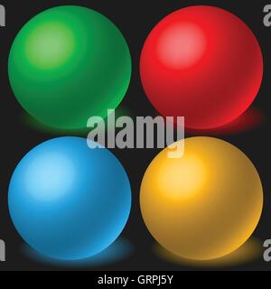 Jeu de 4 sphères avec ombre rougeoyante. 3d spatial, des balles, des orbes. Illustration de Vecteur