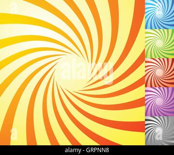 Starburst en spirale, jeu de fond sunburst. Lignes, bandes avec rotation, twirl effet de distorsion. 5 couleurs. Illustration de Vecteur