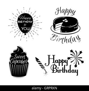 Joyeux Anniversaire Doodles étiquettes set. vector illustration. Carte de souhaits Illustration de Vecteur