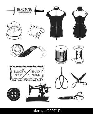 Ensemble d'éléments conçus. Atelier de couture thème. Femeale forme mâle et robe. Outils de couture isolés. Aiguille à coudre Logo. Machine à coudre. Bouton de ligne mince. Pincushion. Les axes croisés label. Illustration de Vecteur