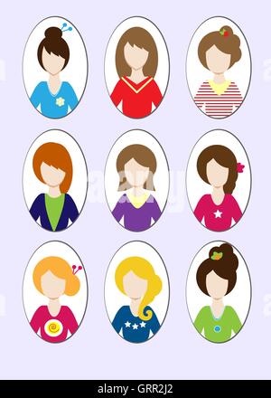 Cute illustrations de belles jeunes filles avec différents style de cheveux. Vector Illustration de Vecteur