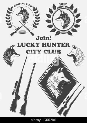 Étiquette vintage avec un fox, armes de chasse pour lucky club. Vector Illustration de Vecteur