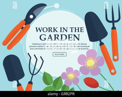 Ensemble d'outils de jardin et des plantes sur un fond clair avec place pour votre texte. Vector Illustration de Vecteur