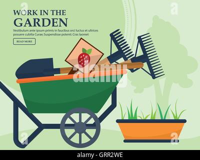 Brouette avec outils de jardin et d'une longue des plantes en pot sur un fond clair avec une place pour votre publicité. Vector Illustration de Vecteur