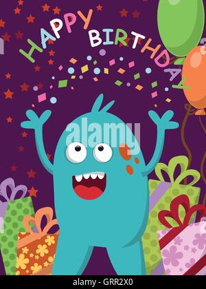 Happy blue monster avec des cadeaux et des ballons fête son anniversaire. Vector Illustration de Vecteur