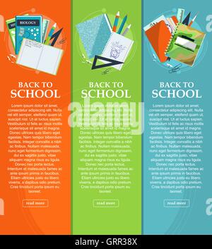Ensemble de bannières retour à l'école et de la papeterie, des dossiers, livres et cahiers avec place pour votre texte. Vector Illustration de Vecteur