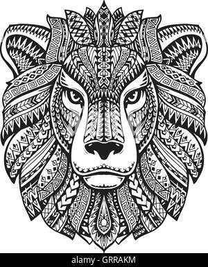 Lion Head. Les tendances ethniques. Hand drawn vector illustration avec des éléments floraux. Le lion, animal symbole Illustration de Vecteur