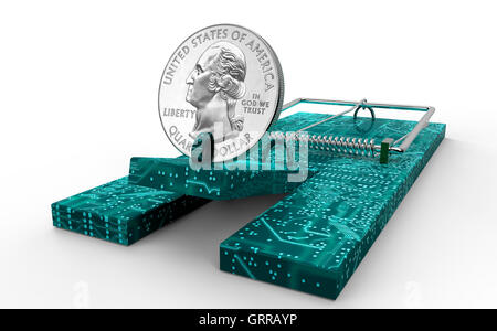 Piège à Souris avec pièce d'un dollar comme appât isolé, 3d illustration Banque D'Images