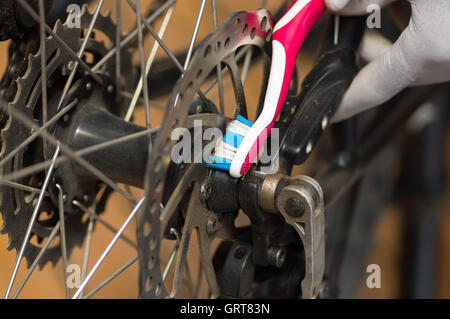 Libre regard détaillé sur le passage de roue de vélo au cours de l'entretien mécanique, réparation des pièces plus de brossage brosse à dents Banque D'Images