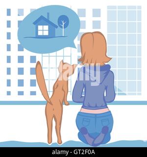 Jeune femme et d'un chat assis près de la fenêtre, regardez la mégalopole et le rêve d'une maison de pays Illustration de Vecteur