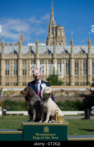 Jonathan Reynolds MP et son labradoodles Clinton (à droite) et Kennedy (à gauche), les gagnants de la Westminster Dog de l'année 2016, organisée conjointement par le Kennel Club et les chiens Trust au Victoria Tower Gardens à Westminster, Londres. Banque D'Images