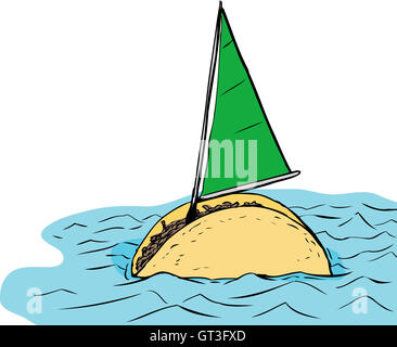 Dessin à main levée avec taco voilier voile vert sur fond blanc Banque D'Images