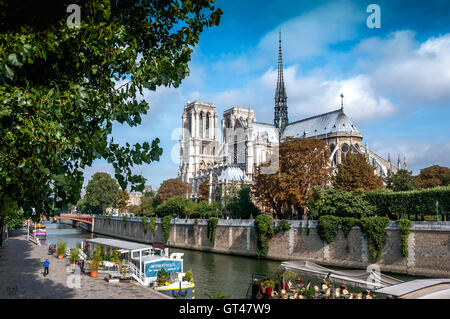 Paris (75) 5e arr. Quai de Montebello, fleuve Seine, la Cathédrale Notre Dame de Paris. France Banque D'Images