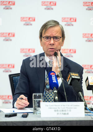 Hong Kong, . Sep 9, 2016. Le maire de la ville de Londres, de l'échevin le Seigneur Mountevans, répond à la presse locale à l'Amirauté du consulat britannique.Le Maire est sur Hong Kong pour les réunions d'affaires en insistant sur la ville de Londres est encore ouverte pour faire des affaires dans un environnement post Brexit. © Jayne Russell. Credit : Jayne Russell/ZUMA/Alamy Fil Live News Banque D'Images