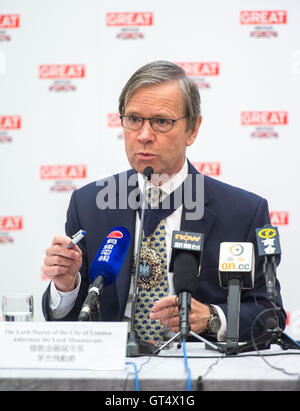 Hong Kong, . Sep 9, 2016. Le maire de la ville de Londres, de l'échevin le Seigneur Mountevans, répond à la presse locale à l'Amirauté du consulat britannique.Le Maire est sur Hong Kong pour les réunions d'affaires en insistant sur la ville de Londres est encore ouverte pour faire des affaires dans un environnement post Brexit. © Jayne Russell. Credit : Jayne Russell/ZUMA/Alamy Fil Live News Banque D'Images